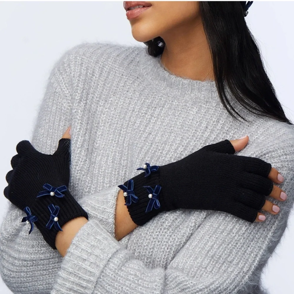 Lele Sadoughi Black Bow Embellished Fingerless Knit Gloves NWT
